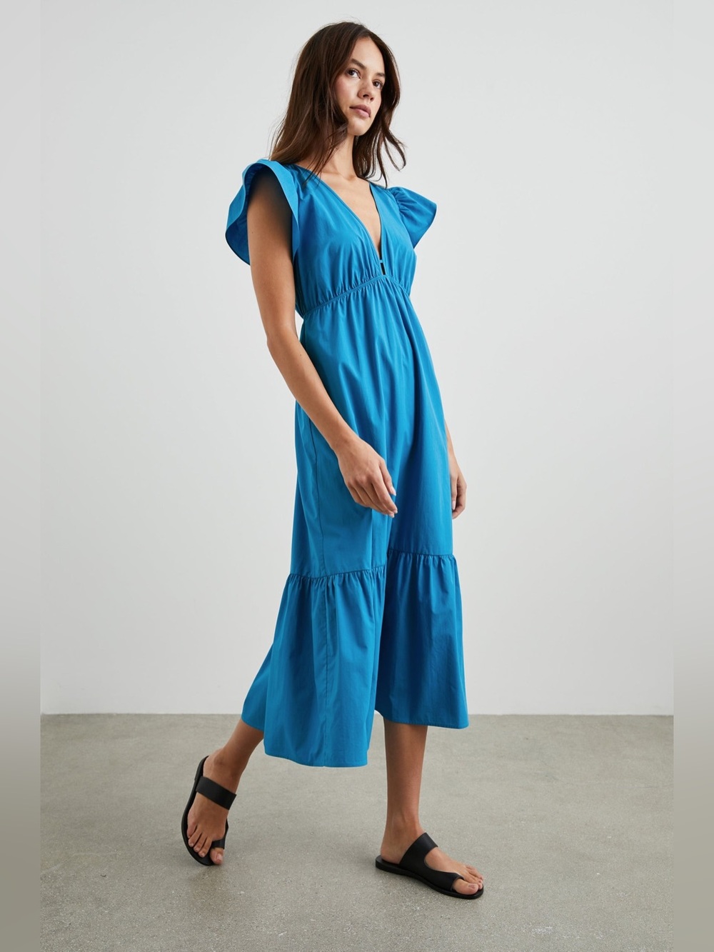 Rails Tina Dress Turkish Tile Blue V-Neck Flutter Sleeve Midi Dress Size Large